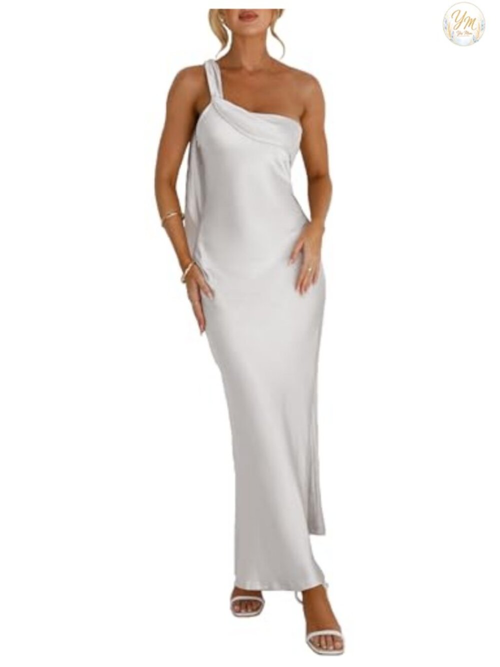 Satin One Shoulder Formal Maxi Dress Women Wedding Guest Sleeveless
